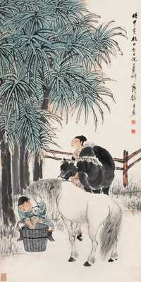 倪田 甲寅（1914年）作 棕林双骏 立轴